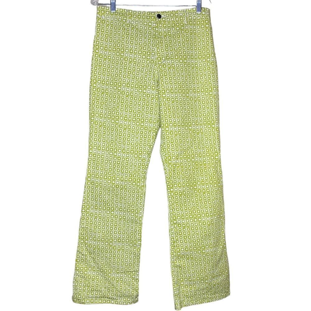Motel Rocks Zoven Wm’s Sz Lrg Green White Geo Retro Flare Trousers Pants